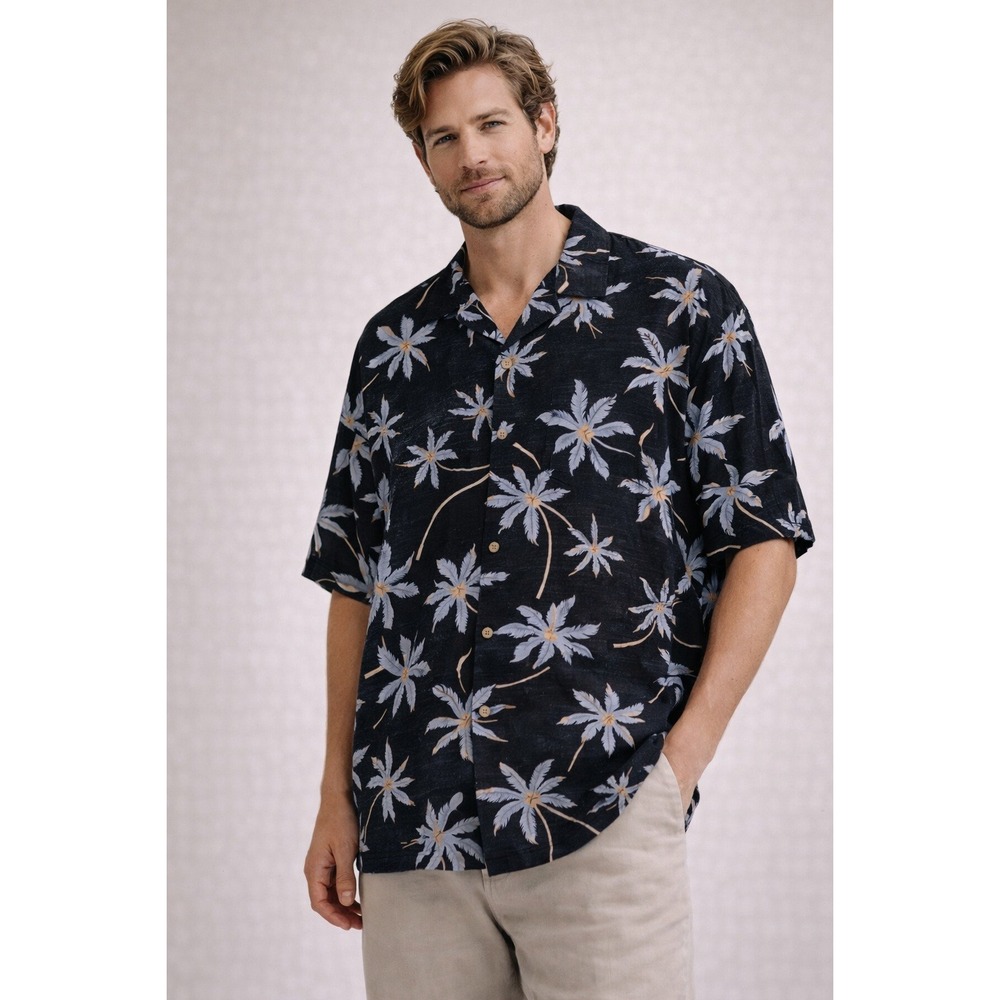 Bill Blass Silk Palm‎ Tree Hawaiian Shirt Mens Large Black Tropical Shirt